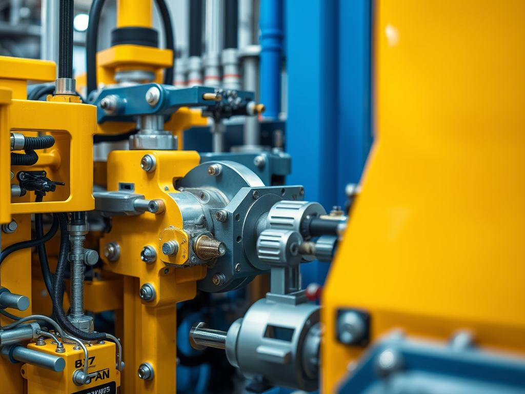 A close-up view of yellow machinery components in a manufacturing facility, featuring intricate connections and details that highlight precision engineering.
